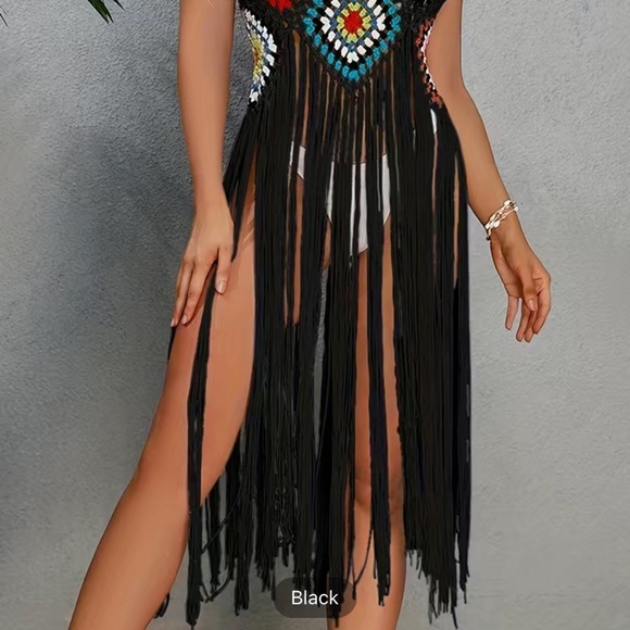 NWT 🏖️ BLACK CROCHETED FRINGED SWIM COVER-UP COLOR BLOCK BEACH DRESS One Size - Picture 5 of 10